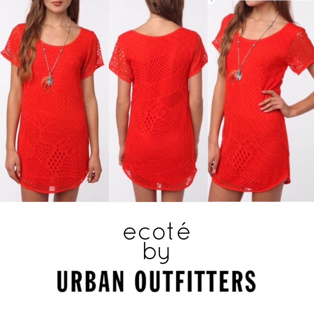ecoté Dress Patchwork Crochet Orange Short Sleeve
